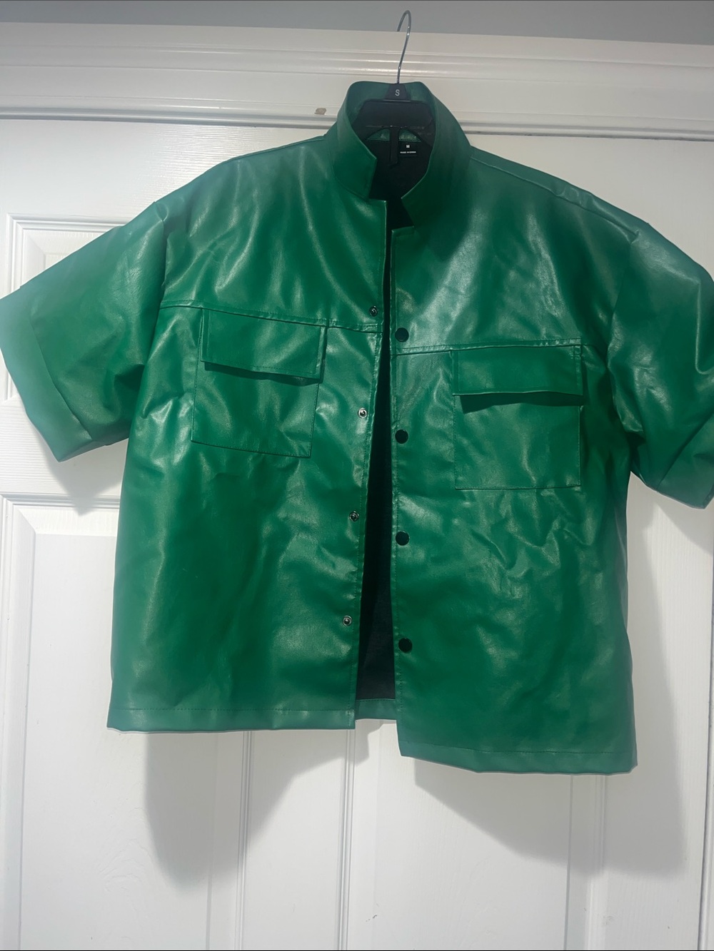 SHEIN Green Short-Sleeve Faux Leather Utility Shirt Jacket
